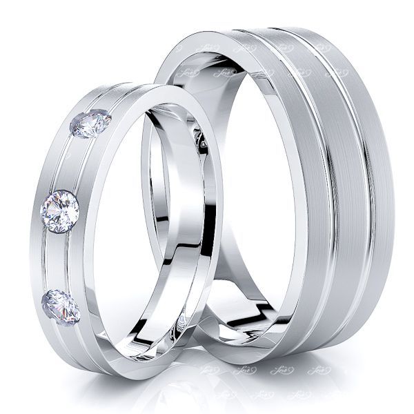 0.15 Carat Flat Modern 6mm His and 4mm Hers Diamond Wedding Ring Set