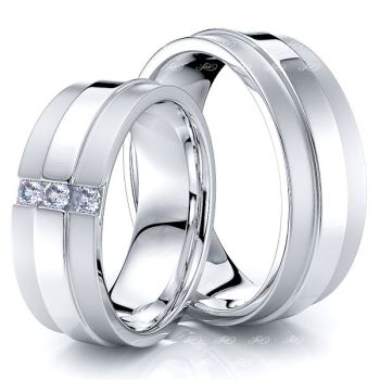 0.12 Carat 7.5mm Raised Center His and Hers Diamond Wedding Ring Set