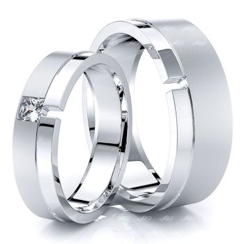 0.15 Carat Single Step Edge 7mm His and 5mm Hers Wedding Band Set