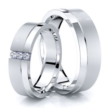 0.09 Carat Three Stone 6mm His and Hers Diamond Wedding Band Set