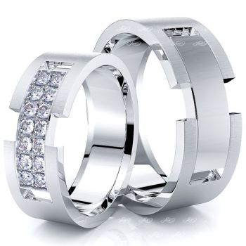 0.28 Carat Belt Buckle 7mm His and Hers Diamond Wedding Ring Set