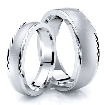 Diagonal Cut Edge Matching 7mm His and 5mm Hers Wedding Ring Set