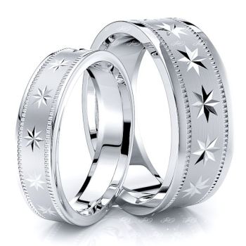 Compass Star Basic Design 7mm His and 5mm Hers Wedding Band Set