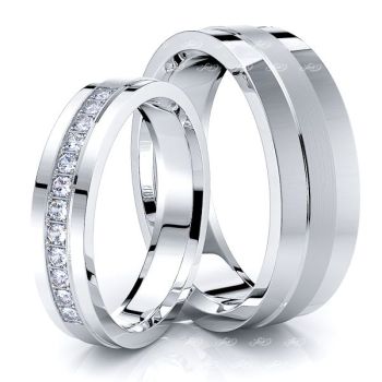 0.18 Carat Raised Center 6mm His and 4mm Hers Diamond Wedding Ring Set