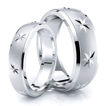 Exclusive Star Design Matching 7mm His and 5mm Hers Wedding Band Set