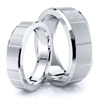 Squared Cut Matching 7mm His and 5mm Hers Wedding Ring Set