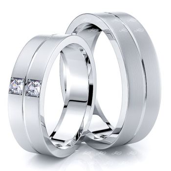 0.10 Carat Sleek Grooved 6mm His and Hers Diamond Wedding Band Set