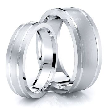 Traditional Angled Cut Matching 7mm His and 5mm Hers Wedding Ring Set