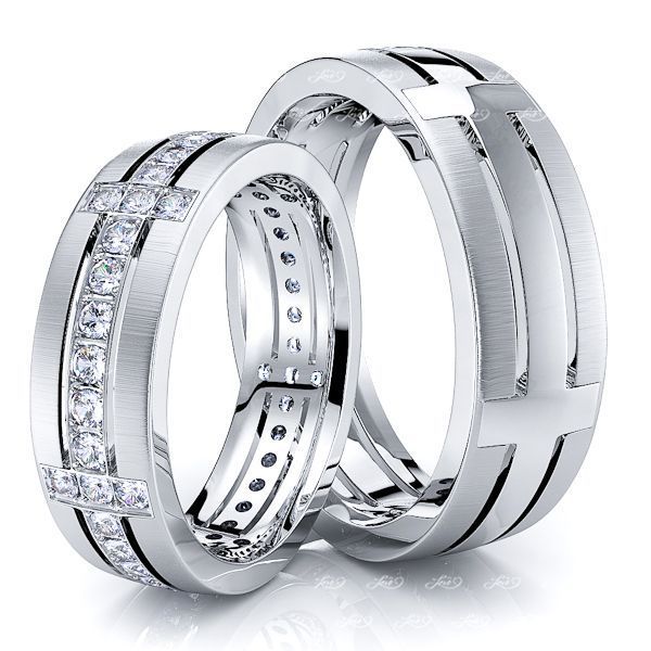 0.68 Carat Designer Cross 6mm His and Hers Diamond Wedding Ring Set