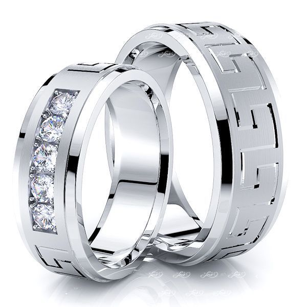 0.25 Carat Greek Key 7mm His and Hers Diamond Wedding Band Set